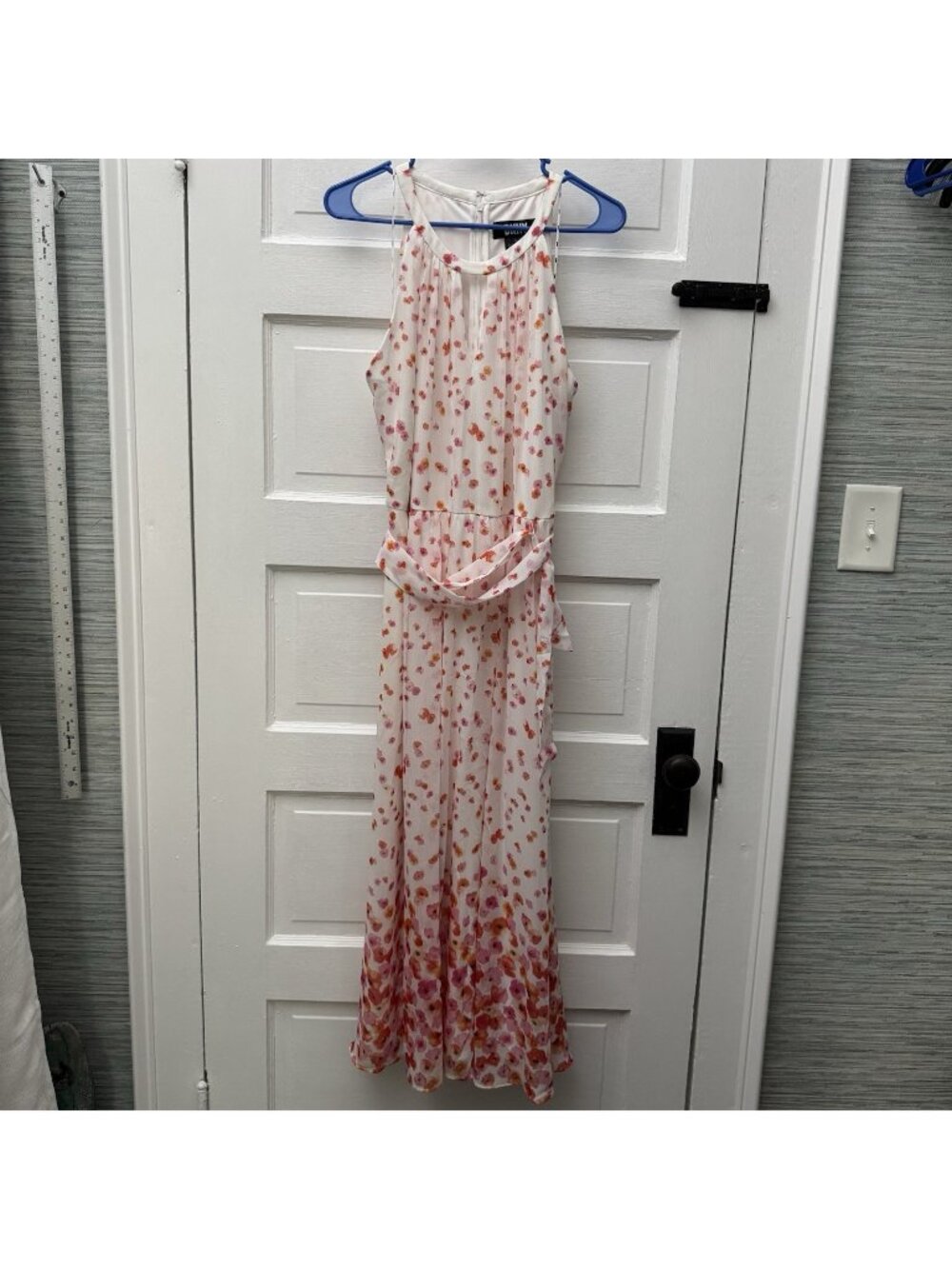 DKNY Women’s 16 Floral Chiffon Halter Maxi Dress Belted Pink Orange Lined